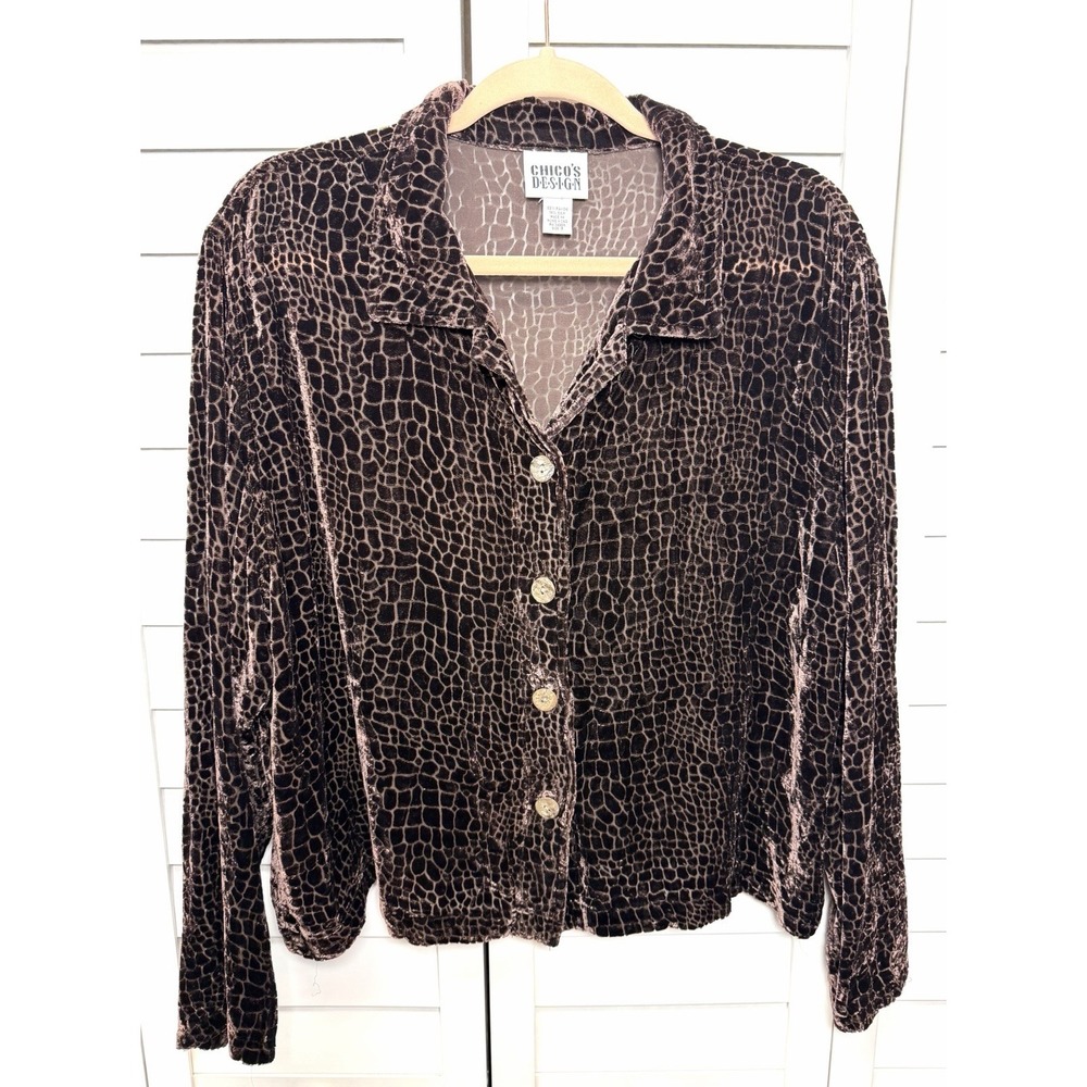 Chico's Vintage Animal Print Velvet Burnout Silk Blend Button Down Top Size XL